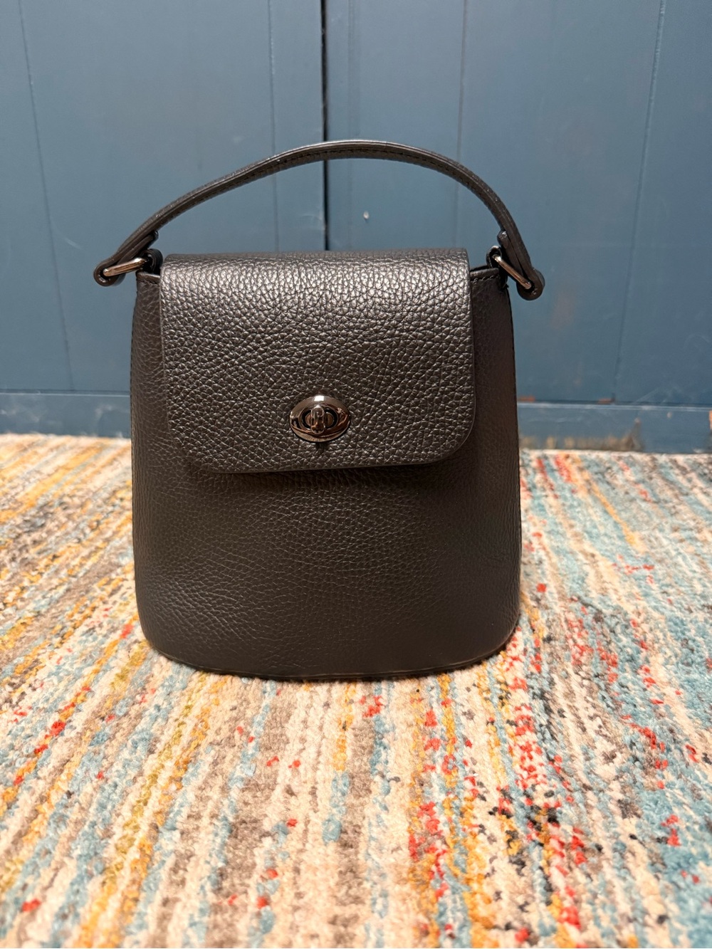Structured Black Pebbled Leather Shoulder Bag with Turn-Lock